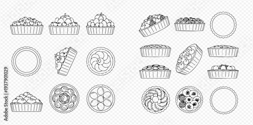 Set of fruit tart line icons in various views, vector illustration of sweet desserts.