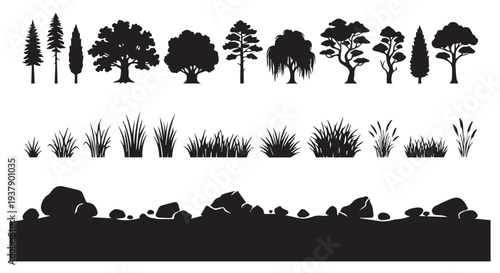 Collection of natural elements including trees, grass, and rocks in black silhouette on Transparent Background.
