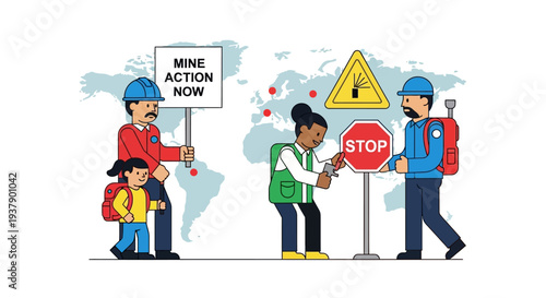 Children and adults standing near warning signs on a world map background, conveying mine action awareness in a global context