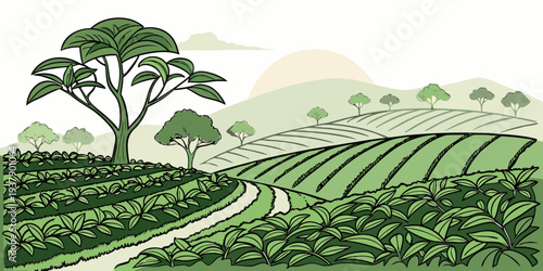 A serene landscape of rolling hills dotted with trees under a soft, cloudy sky. Vector