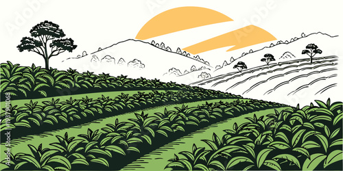 A serene landscape of rolling hills under a vast, cloudy sky with a distant sun. Vector