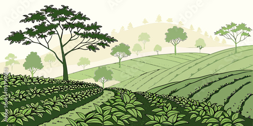 A serene landscape of rolling hills and trees under a clear blue sky Vector