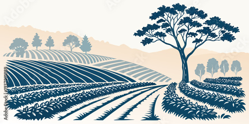 A serene landscape featuring a solitary tree amidst vast, neatly plowed fields. Vector