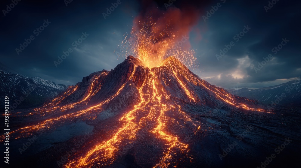 Fototapeta premium Dramatic volcano eruption with glowing lava flowing down its slopes under a dark sky