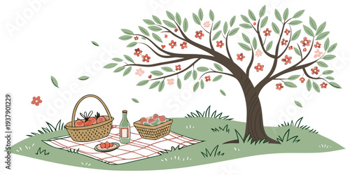A tranquil scene of a couple enjoying a picnic under a large tree with a bird perched nearby. Vector