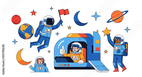 Astronauts in Space Suit Exploring Celestial Bodies and Planets in a Vibrant Illustration
