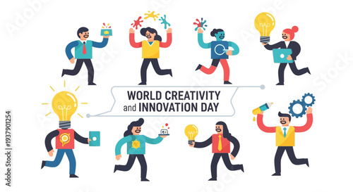 People celebrating World Creativity and Innovation Day with colorful illustrations and lightbulb moments in a vibrant scene