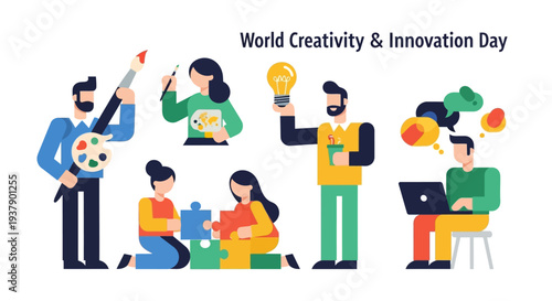 Creative professionals collaborating and celebrating innovation day with art and ideas