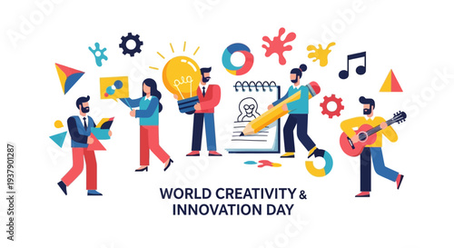 Creative individuals celebrating World Creativity and Innovation Day with art supplies and digital devices in a vibrant scene