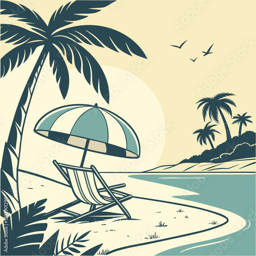 A serene beach scene with palm trees and an umbrella providing shade. Vector