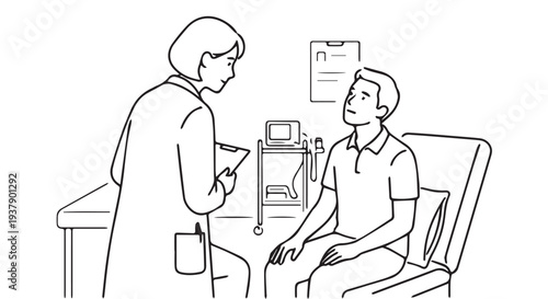 Doctor examining patient in clinic, line art style illustration for medical or healthcare concepts.