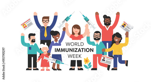 Diverse group of people celebrating World Immunization Week with vaccines and medical supplies