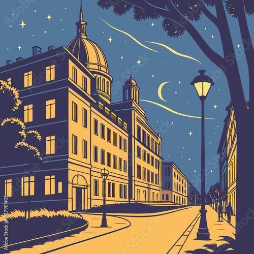 A picturesque street scene at dusk with a row of charming buildings and a tree-lined sidewalk. Vector