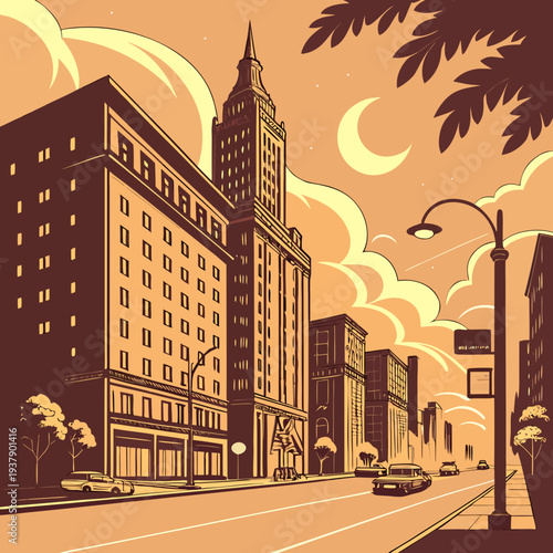 Vintage city street scene with classic cars and towering buildings Vector