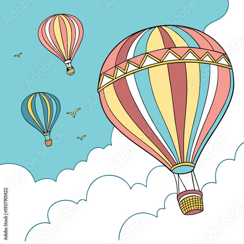 Colorful hot air balloons floating in a blue sky with fluffy clouds Vector