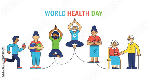 Diverse people exercising and practicing yoga together on World Health Day illustration