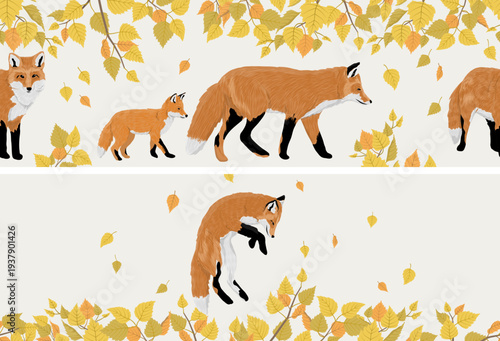 Autumn seamless horizontal borders set with red fox walking and jumping in yellow birch leaves. Vector fall forest nature landscape with wild animals and foliage for banners.
