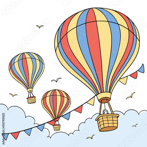 Colorful hot air balloons floating above a picturesque landscape with flags Vector