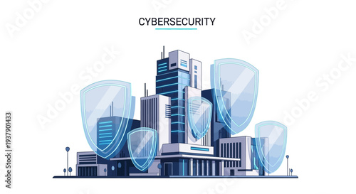Vector illustration of a modern cityscape with shield icons representing cybersecurity and data protection against a clean white background.