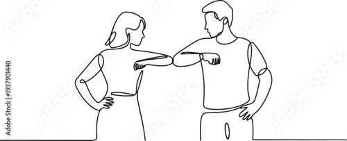 Two people male and female elbow bumping to prevent virus infection. Continuous one line drawing. Editable stroke