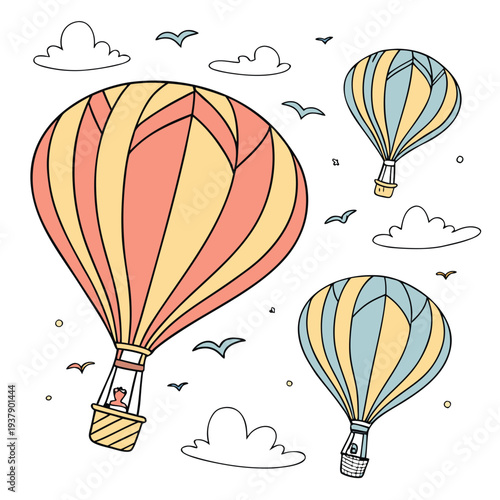 Three colorful hot air balloons floating in a clear blue sky with fluffy clouds Vector