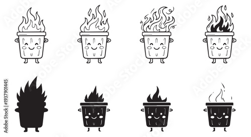 Cartoon trash cans on fire with angry faces, various expressions and flames, black and white illustrations.