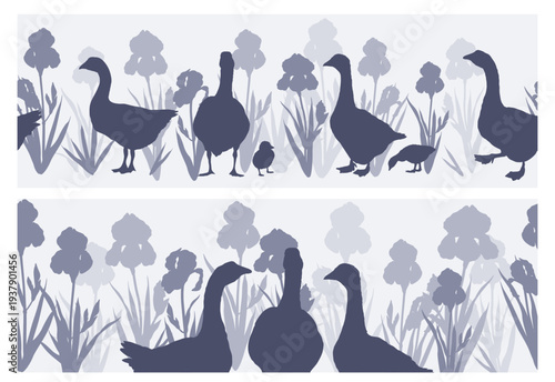 Summer seamless horizontal silhouette borders with geese and iris flowers. Vector farmhouse garden nature landscape with birds and floral elements for banners and decor