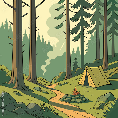 A serene campsite nestled in a lush, vibrant forest with towering trees and dappled sunlight Vector