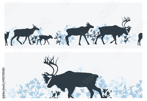 Winter and autumn seamless horizontal silhouette borders with reindeer caribou and berry bushes. Vector arctic nature landscape with wild animals and foliage for banners