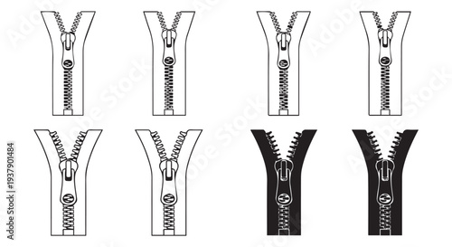 Eight different zipper illustrations on a Transparent Background, various styles and colors.
