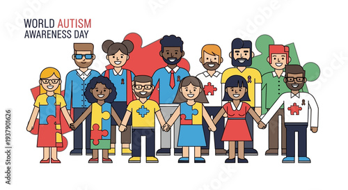 Diverse group of people standing together holding hands in support on World Autism Awareness Day, viewed from front