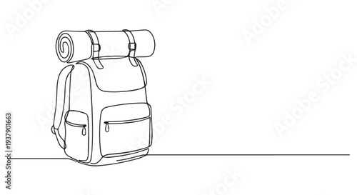 Minimalist line art illustration of a hiking backpack with rolled sleeping bag on top, simple travel gear