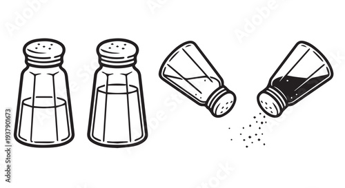 Simple illustration of salt and pepper shakers, one pouring seasoning, on Transparent Background