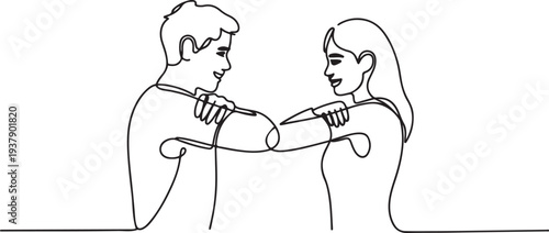 Two people male and female elbow bumping to prevent virus infection. Continuous one line drawing. Editable stroke