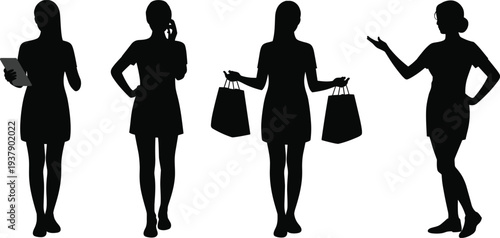 Black silhouette set of young women in various poses holding shopping bags using digital tablet and talking on mobile phone isolated on white background