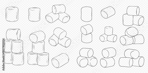 Hand-drawn marshmallow vector illustration set, isolated on transparent background, sweet food elements for design.