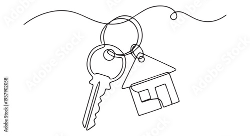 A simple line drawing of a house key and house keychain on a ring, symbolizing home ownership.