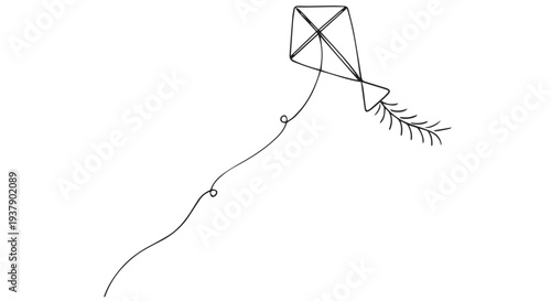 A line drawing of a kite soaring in midflight with a long tail streaming behind it.