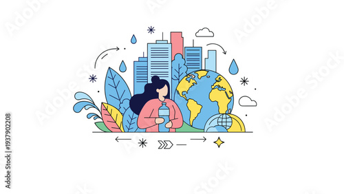 Environmental protection and water conservation are depicted with a woman holding a water bottle amidst a city skyline, globe, and nature.