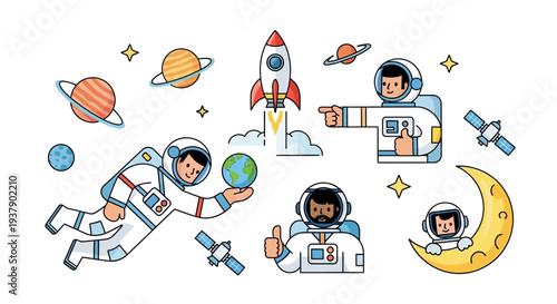 Astronauts exploring space with planets, rocket, and moon in a whimsical illustration from a bird's eye view