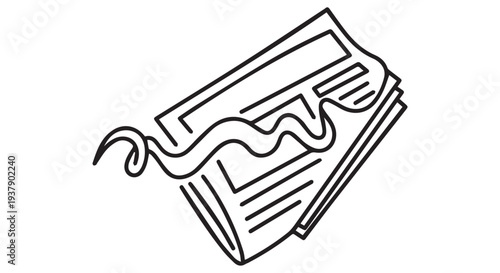 Newspaper with wavy line drawing, simple black and white illustration