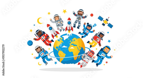 Astronauts Surrounding the Earth with Planets and Stars in a Vibrant Illustration