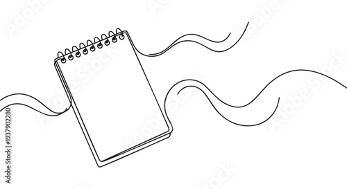 A simple black and white illustration of a spiral notebook suspended by a wavy line, symbolizing creativity and writing.