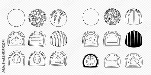 Hand-drawn sketch set of various chocolate candies and truffles, with different fillings and toppings, in black and white outline style.