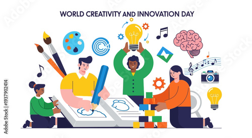 Diverse group of people collaborating and celebrating creativity and innovation together in a vibrant environment