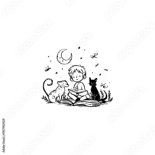 Boy reads book with cats under moonlight child reading black cat