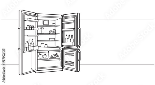 A line drawing of a refrigerator with open doors showing shelves and contents inside.