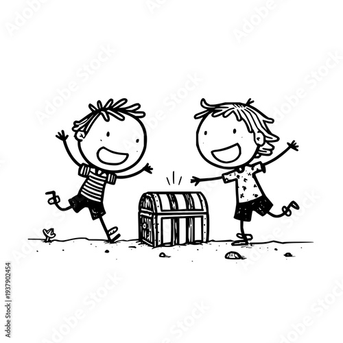 Kids jumping beside treasure chest children boy girl happy box