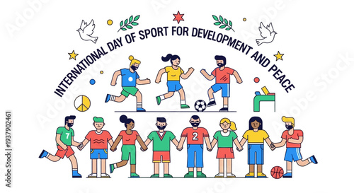 Vibrant illustration of people from diverse backgrounds uniting in joyful sports activities