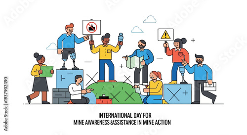Diverse group of people raising awareness about mine safety on International Day for Mine Awareness